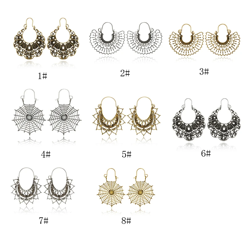 2019 New Arrival Gypsy Silver Gold Half Round Earrings Metal Hollow Flower Spidery  C Shape Drop Fashion Earrings Women