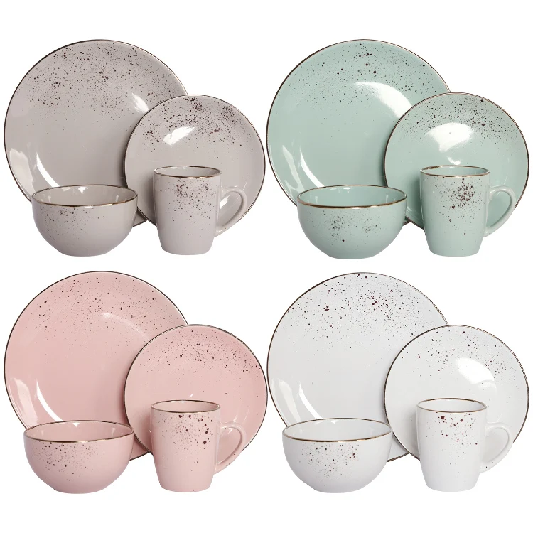 Happy Go  Qingdao Ceramic 16pcs round shape luxury dinner set dinnerware with gold rim and little Spray point