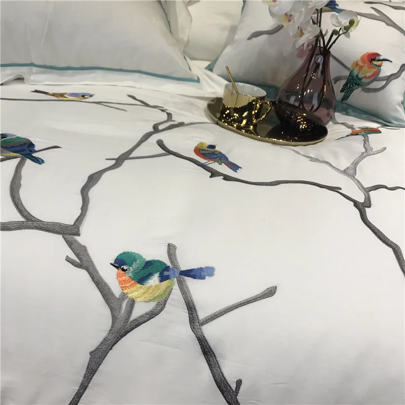 Bird embroidered bedding sheet sets 100% cotton