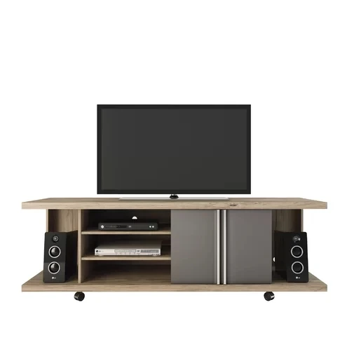 solid wood veneer wall mounted tv lcd wooden cabinet designs with wheels and LED light