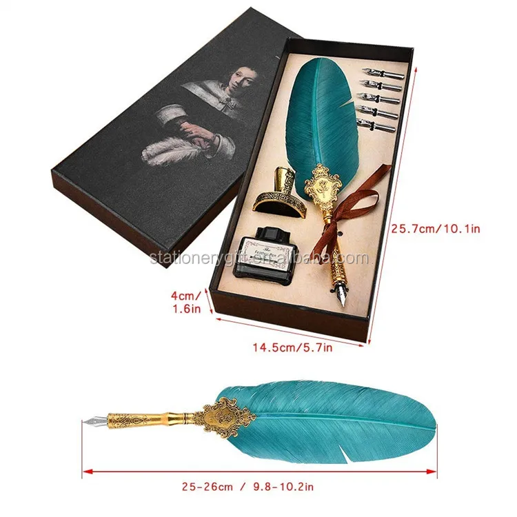 Feather Pens with Base Retro Classical Fountain Pen Old European Style Feather Dip Creative Writing Pen Ink Bottle Set Gift Box