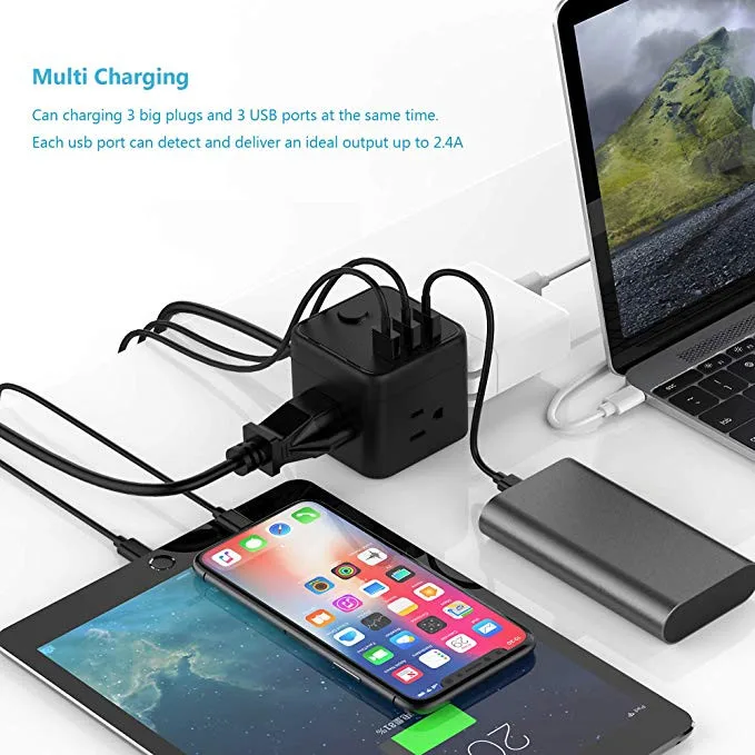 
Cube Portable Power Strip with 3 USB 3 Outlet Charging Station for Nightstand & Desktop & Travel - Black 
