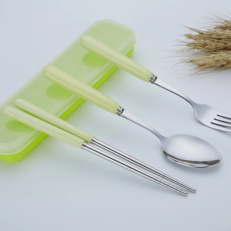 food grade portable travel cutlery stainless steel chopsticks fork and spoon set with color ceramic handle