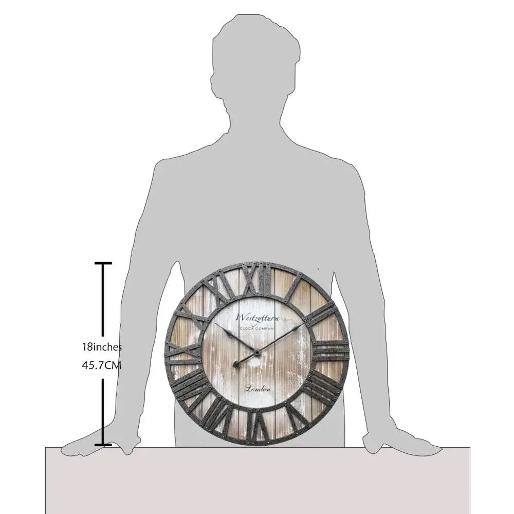 Rustic Big Clocks for Living Room Decor Kitchen Indoor Mantel Quartz Movement Silent Round Huge Wood Clock Vintage Art 18 inch