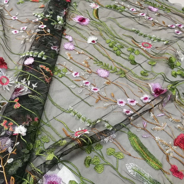 Товары в наличии, кружевная ткань с цветочной вышивкой, многоцветная Цветочная вышивка, Тюлевая ткань с цветочной вышивкой на тюле, сетчатая ткань