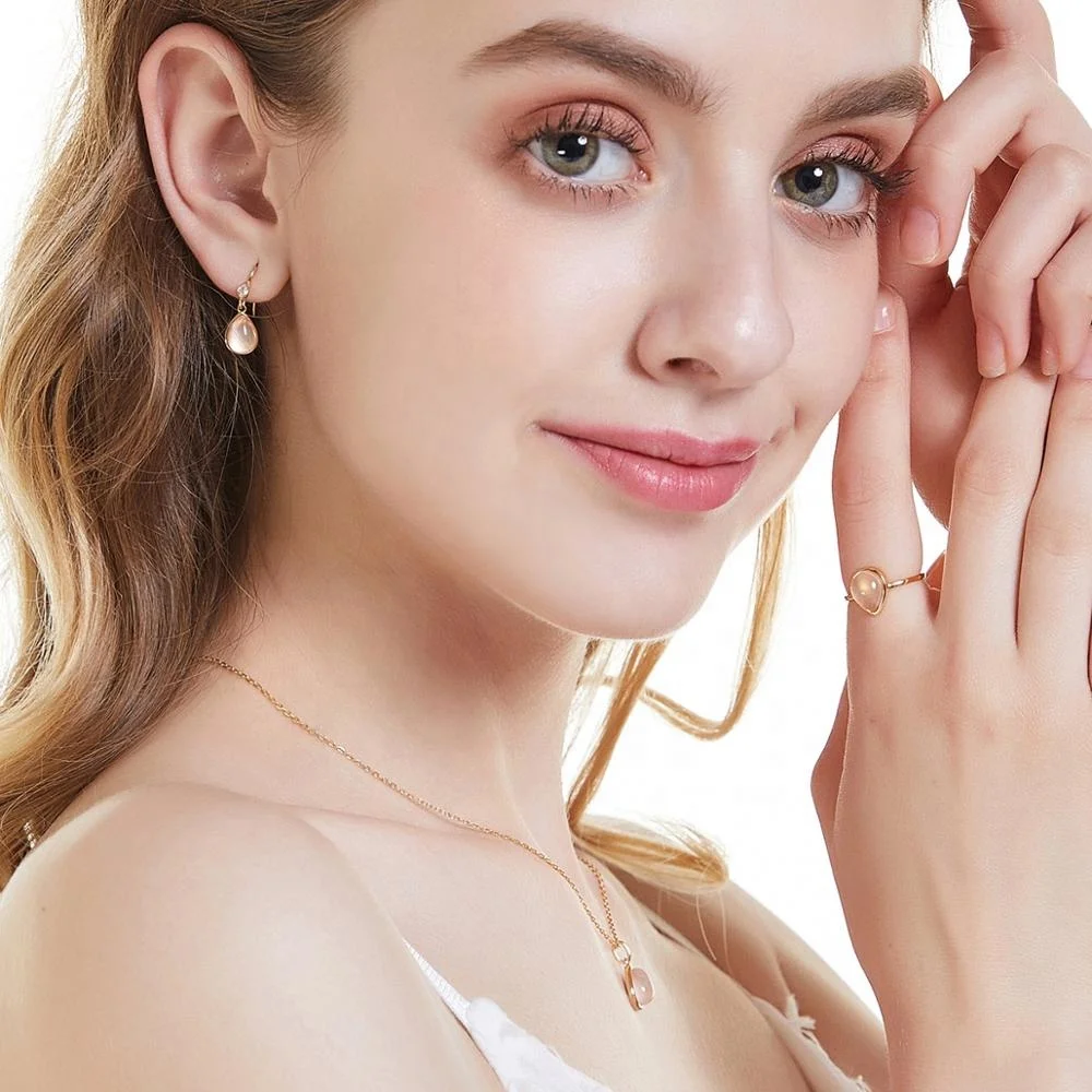 925 Sterling silver pear drop natural rose quartz pierced earrings