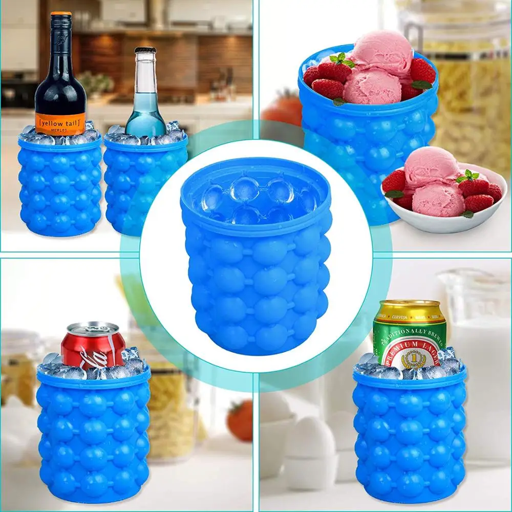2019 Hot Selling Silicone Ice Bucket, 2 in 1 Space Saving Ice Cube Maker, Portable Silicon Rubber Ice Bucket with lid
