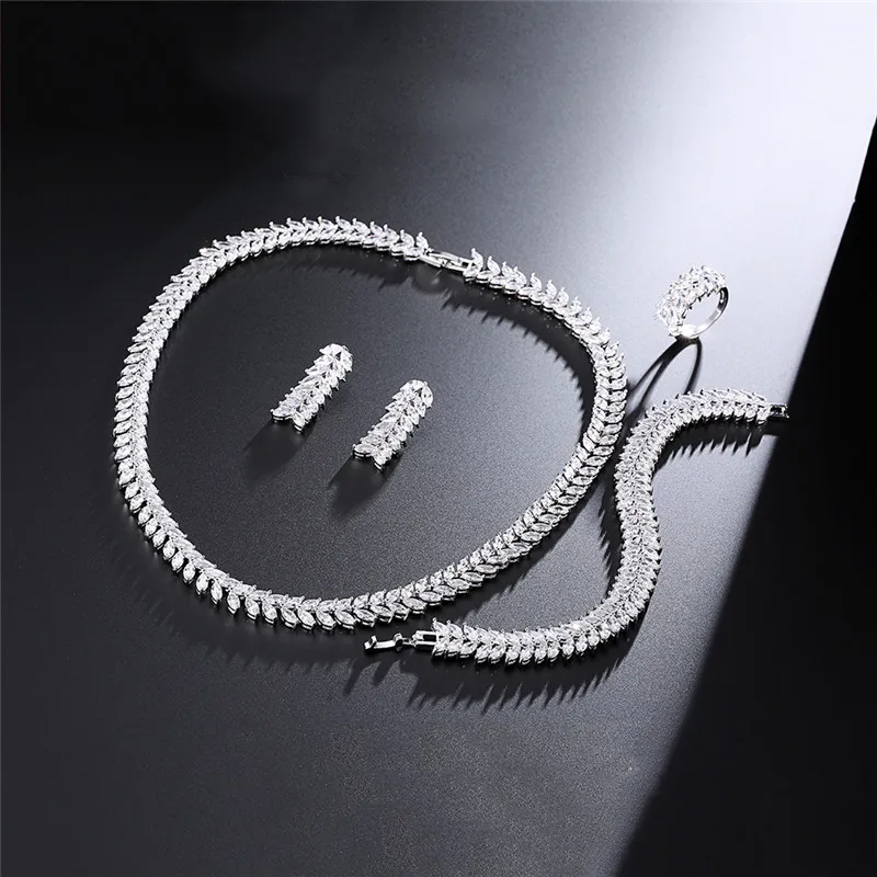 RAKOL SP289 Charm American Silver/Gold/Rose Gold Wheat Leaf CZ Zircon Necklace Four Piece Jewelry Set