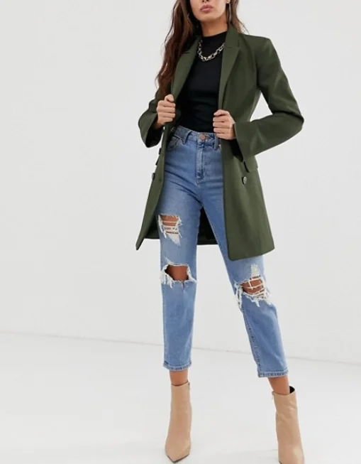 women utility longline belted double breasted blazer in military green