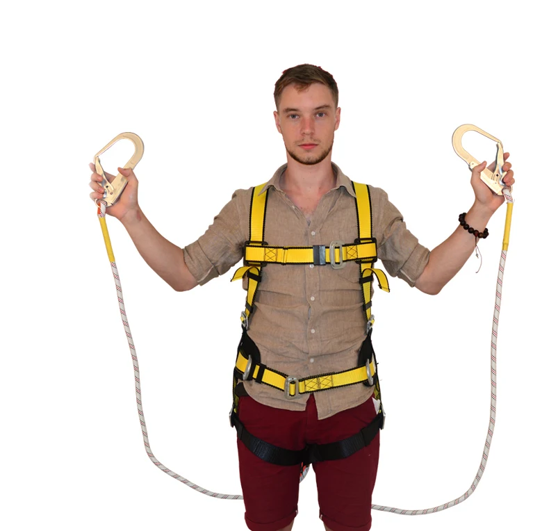 Adjustable fall protection full body safety harness with double lanyard construction