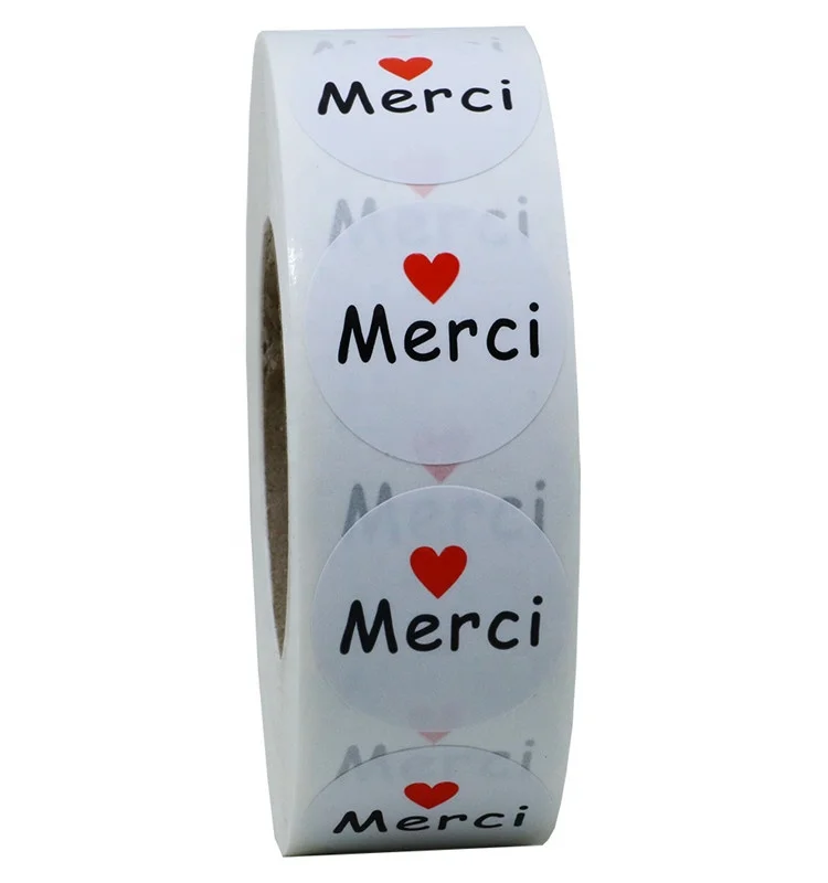 Hybsk 1 Inch Round French Thank You Merci Stickers White Adhesive Labels with Red Heart 1,000 Labels Per Roll