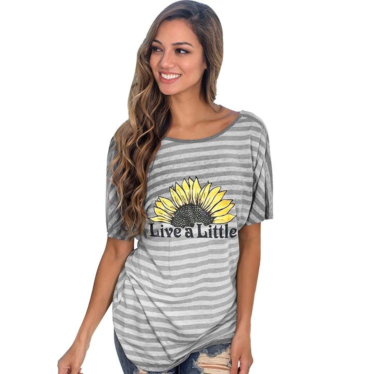 Women Apparel Sunflower Print T Shirts Cross Back Twist Knot Loose Open Back Blouses Tops