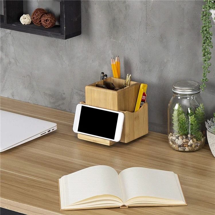 Desktop Office Organizer Caddy Bamboo Rotating Pen Holder