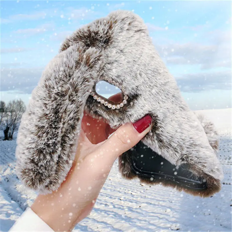 Winter Warm fluffy Bunny rabbit fur long ears tail sot tpu silicone Phone Cover case For iPhone 6s 7 8 Plus Xs 11 pro max xr