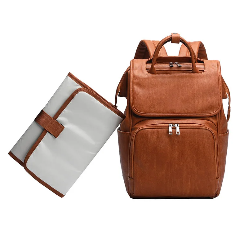 Wholesale Travelling Vegan PU Leather Baby Diaper Bag Backpack With Changing Mat Women Nappy Bag