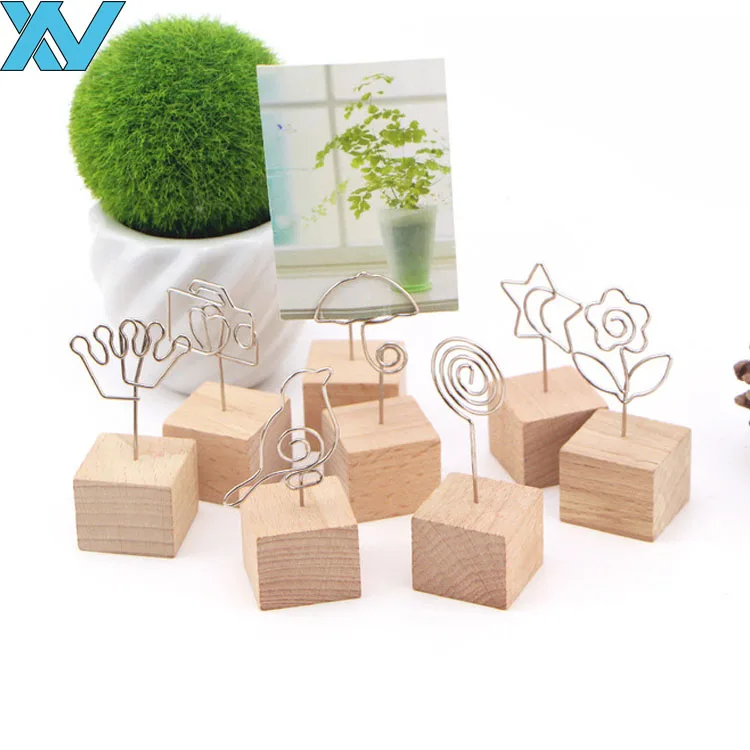 Desktop Metal Stainless Steel envelope Memo Clip Holder wooden base