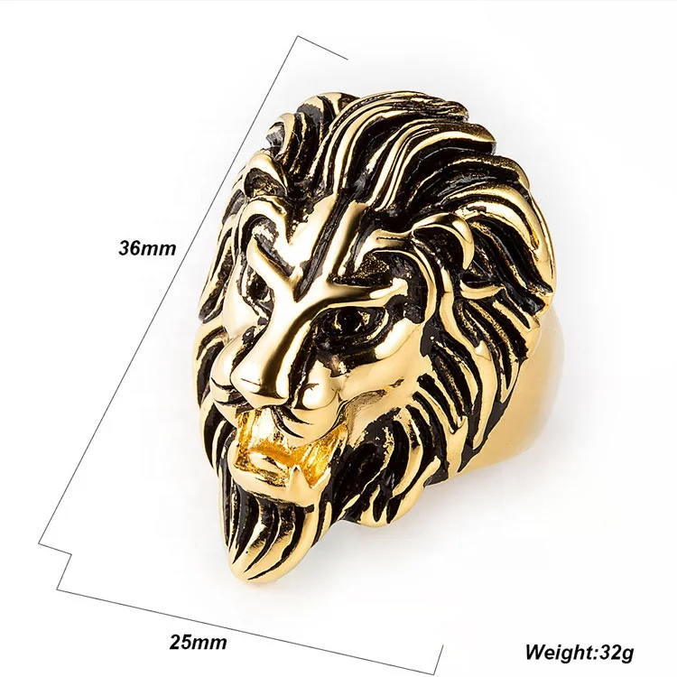 Custom Wholesale Fashion Animal Jewelry Stainless Steel Gold Plated Lion Head Finger Ring For Men