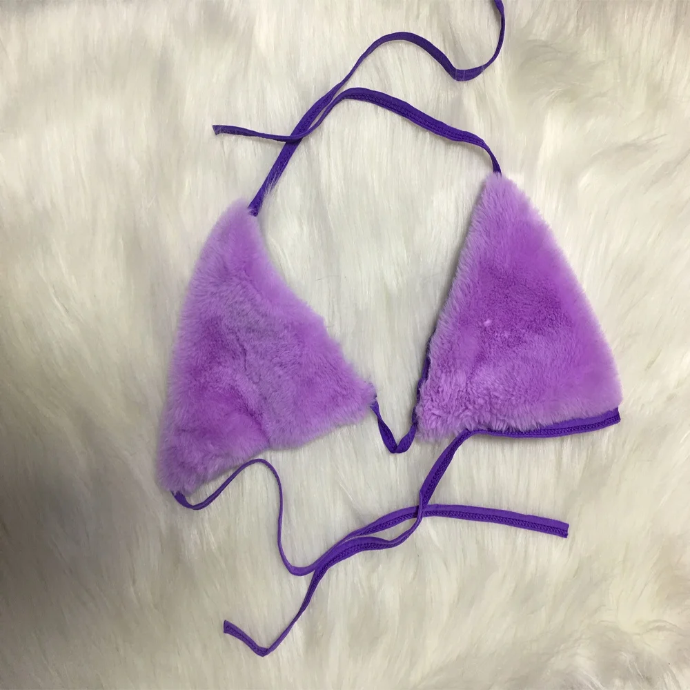 Women Fur Underwear Rabbit Fur Bra Lingerie Set