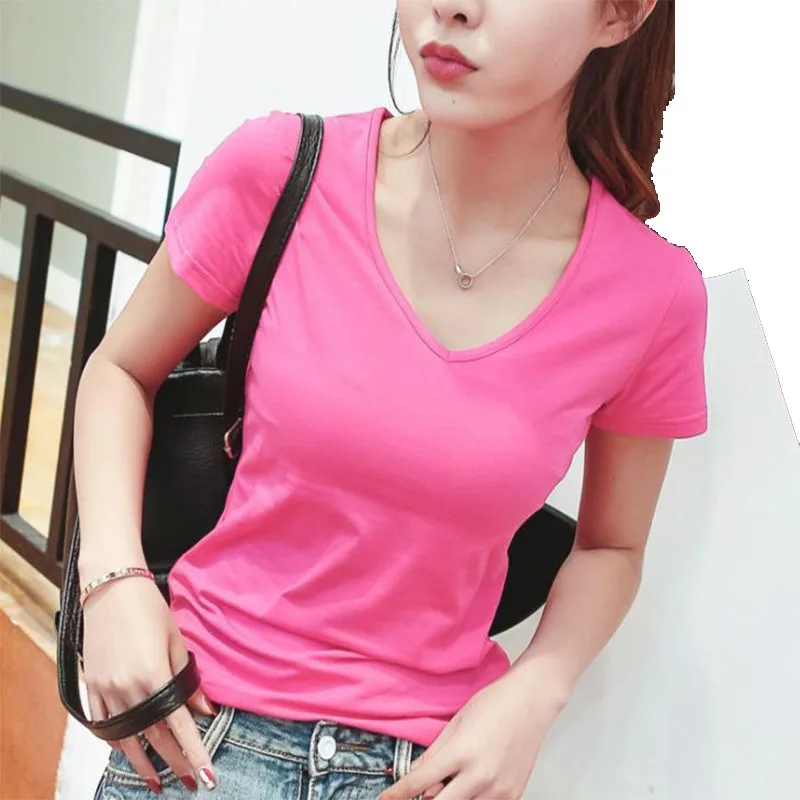 Wholesale Custom Printing Custom Logo 100% Cotton Embroidery Plain V Neck For Women T-Shirt