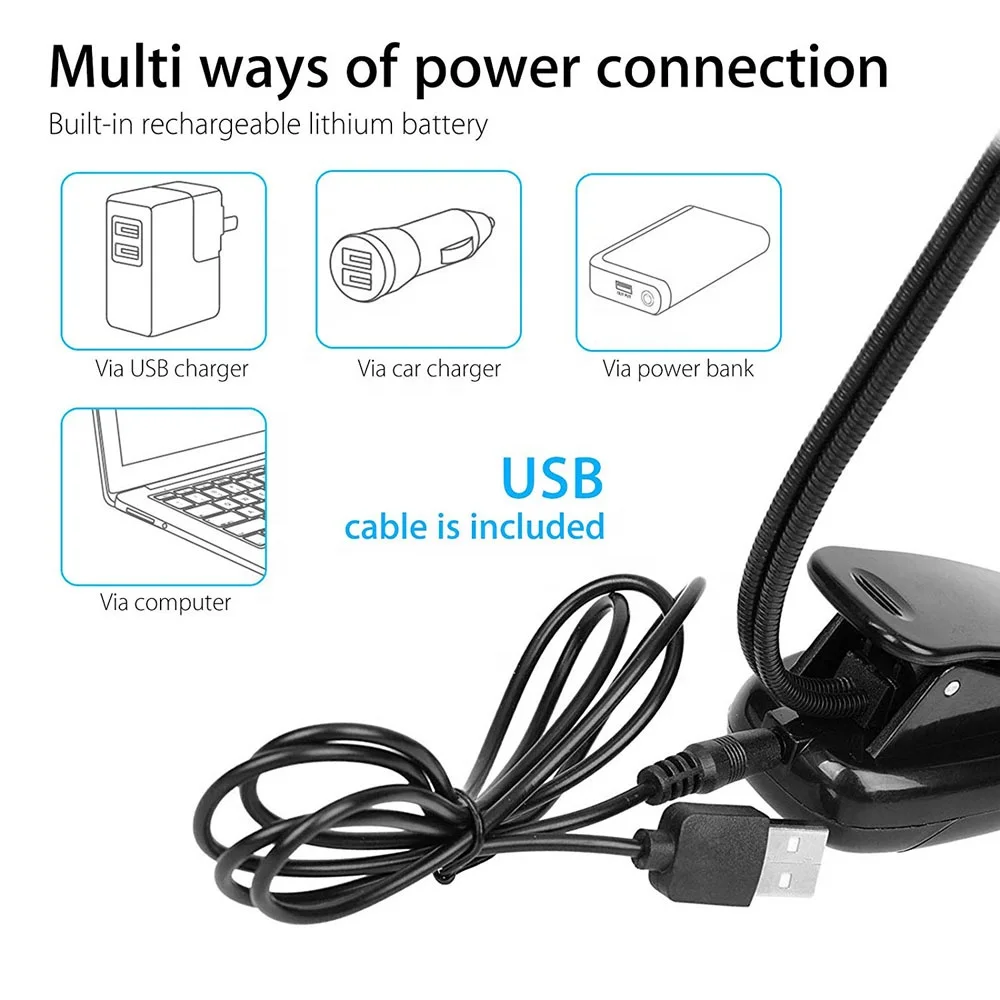 Rechargeable LED Book Light Reading in Bed 2-level Brightness Eye-Care Clip On Lamp with Flexible Gooseneck for desk
