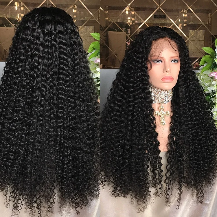 Wholesale Price 150% Density Glueless Natural Black Curly 22inch Long Brazilian Human Hair Wig Lace Front Wig with Baby Hair