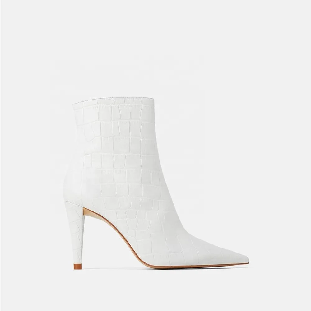MANRINO-0251Handmade Wholesale Hotsale Plain White Color Women Slim Heel Croc Ankle Boots Shoe