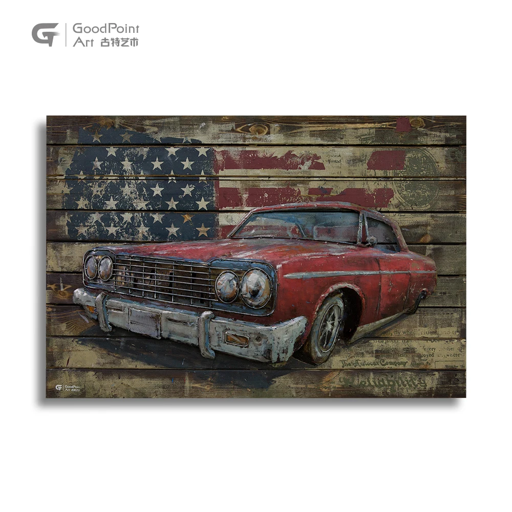 
Modern City Style Car Vintage Metal Art Carved Wooden Wall Decoration Painting 