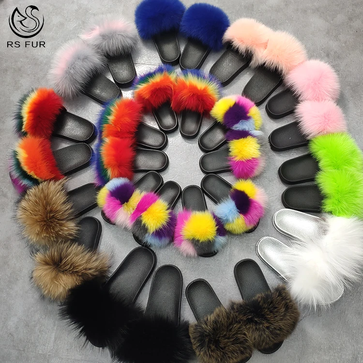 Cheap Wholesale Indoor Slipper Comfortable Custom Sandals Cruelty Free Black Fox Fur Slipper