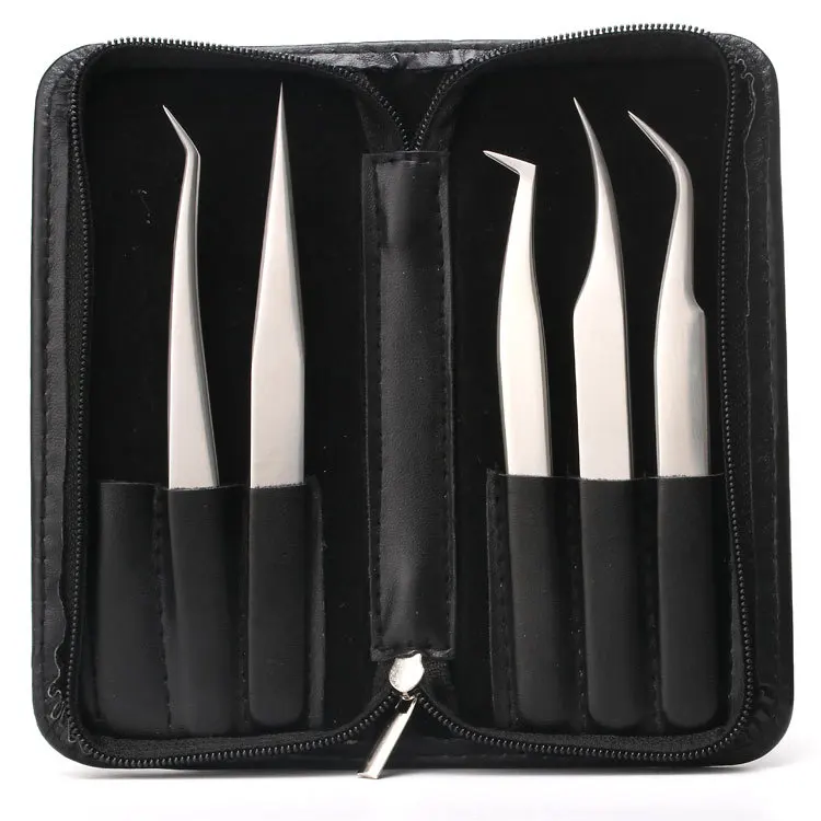 
Factory Supplying Stainless Steel Silver Color False Eyelashes Applicator Eyelash Extention Tweezers with PU Case 