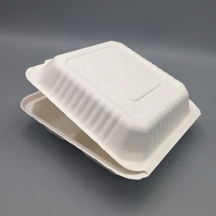 Biodegradable meat food packaging clamshell sugarcane pulp bagasse 3 compartment tray for food