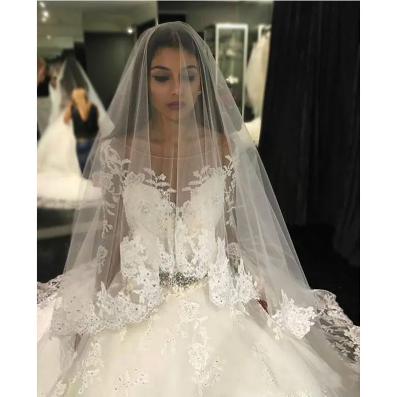 Luxury Beading Wedding dress Sheer Nude Tulle Long Sleeve Bridal Dress Plus Size Crystal Wedding Dress Brand  Robe De Mariage