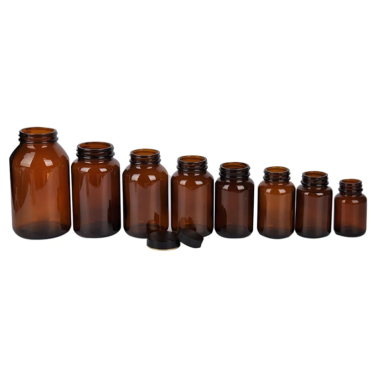 
60ml 75ml 100ml 200ml 500ml amber big mouth glass pill bottle with plastic lid 