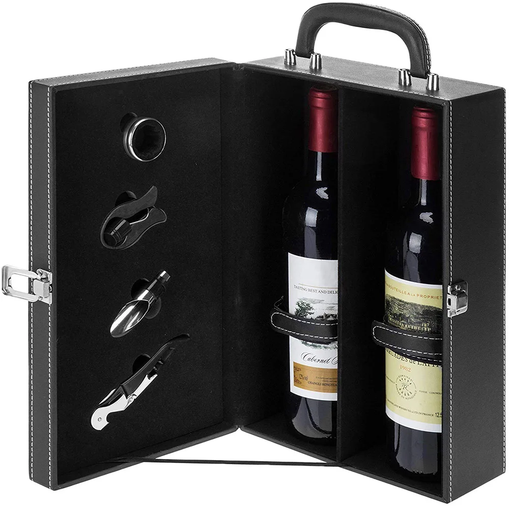 Manufacturer leather Travel Wine Carrier Case for two bottles with 4 Piece Wine Accessory Set