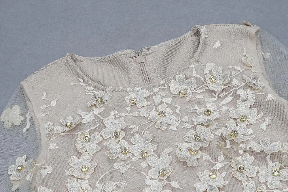 Nude Long Sleeve Lace Embroidery Floral Crystal Tassel Sexy Bodycon Dress 2019