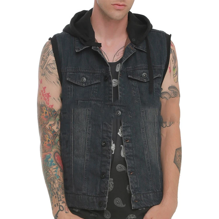 Wholesale New style customize black 100% cotton hooded denim vest for man