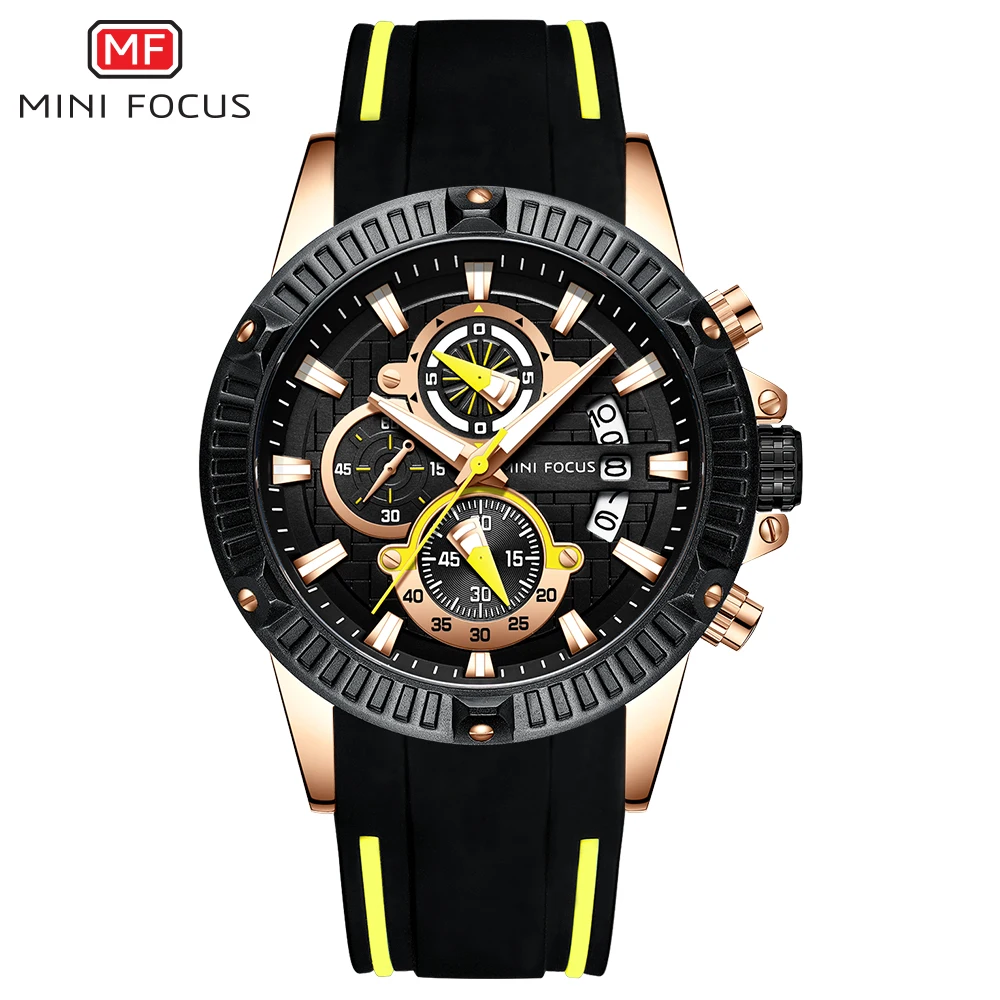 Мужские часы MINI FOCUS MF0244G, многофункциональные кварцевые часы, водонепроницаемые мужские наручные часы с силиконовым гелем, спортивные часы с хронографом и датой