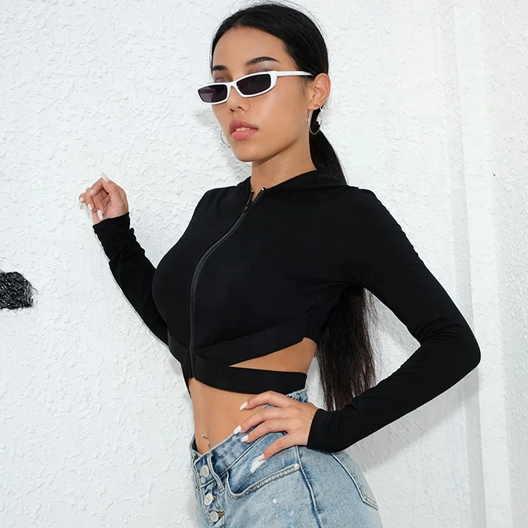 
Black Cross Hollow Long Sleeve Hoodie,Zipper Crop Top Sexy Tank Top Women Sports Wear 