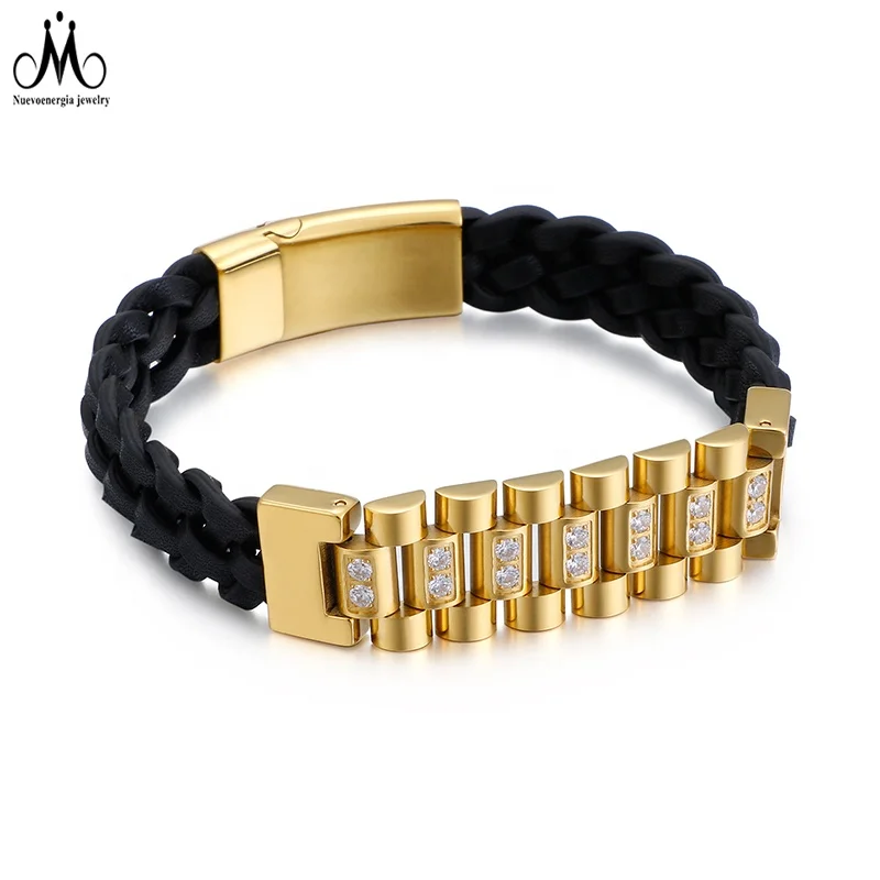 Wholesale 18K Gold Plated Bike Chain Wristband Braided Leather Bracelet For Men
