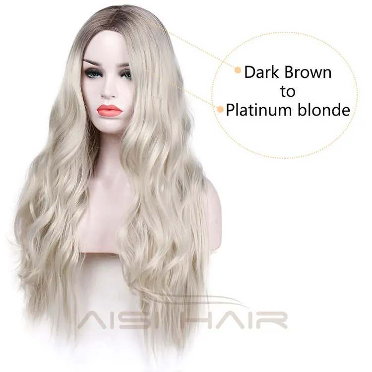 Aisi Hair Body Wave Long Wavy Hair Wigs Middle Part Dark Brown to Platinum Blonde Long Wigs Cosplay Wigs for Women