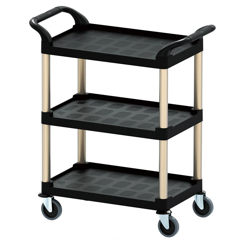 New style three-storey four-wheeled black plastic bowl collecting vehicle hotel serving cart with hand