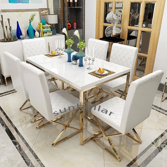 Foshan furniture modern luxury dining table set marble top gold stainless steel round marble dining table with 6 chairs