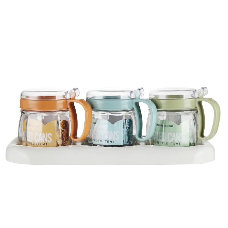 Hot sale kitchen 3 in 1 salt pepper sugar spice box 350ml condiment container glass seasoning jar set with spoon and stand