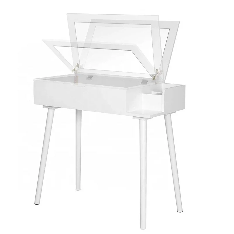 White Dressing Table with Foldable Mirror and Stool Makeup Vanity Table Bedroom Dresser Set with 10 Compartments for Storage