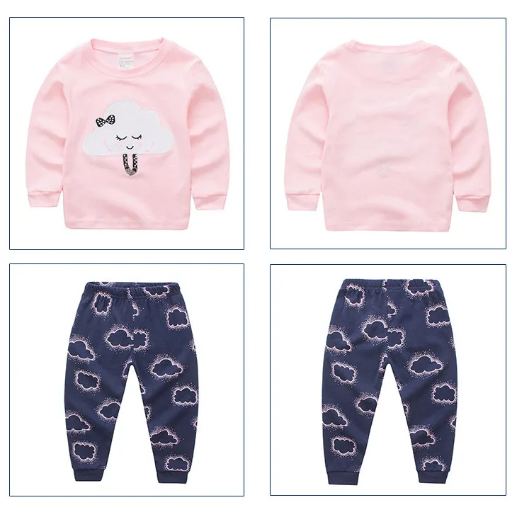 children wear 2pcs set Lovely pink tops and dark blue pants print cloud pattern Baby soft fabric sleepwear