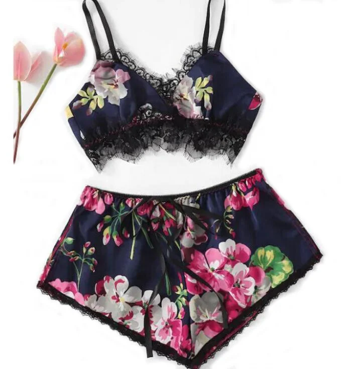 ladies floral pattern satin pajamas set with lace edge sexy sleepwear