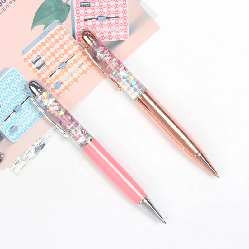 New fashion design custom logo liquid glitter floating ball pen metal gift pen for woman