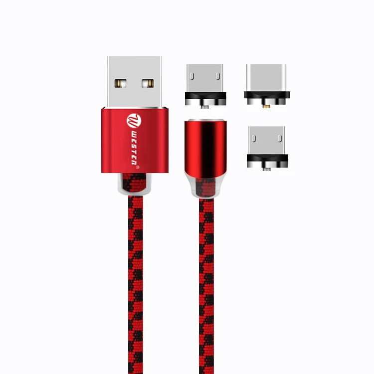 3 in 1 2.1A Black Red Micro Type C 8 Pin Fast Charging Cable Magnetic Micro USB