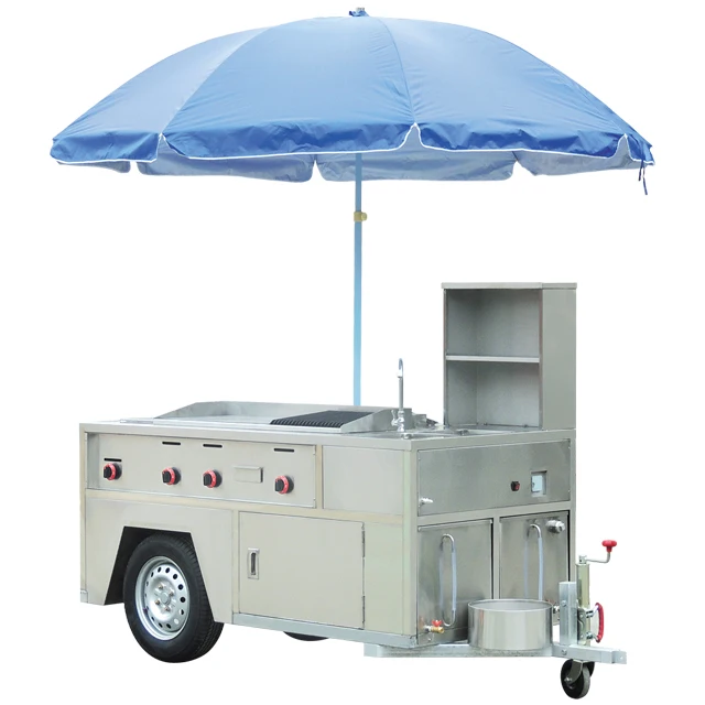 Stainless Steel Mobile Catering Cart Street Vending Fast Food Service Trailer with Parasol