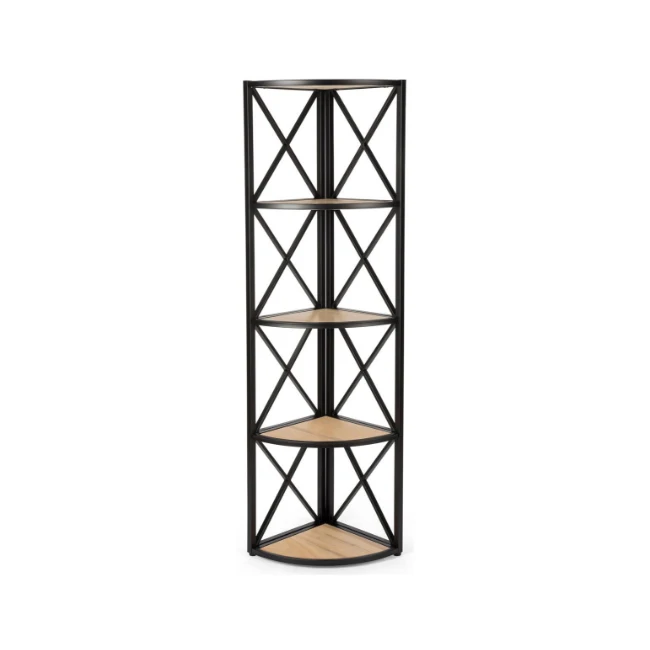 Steel Frame X-Sided Corner Shelving Unit 5 Solid Wood Tiers Dark Brown Conner Storage Wood Shelf Online Shopping Store Fitting