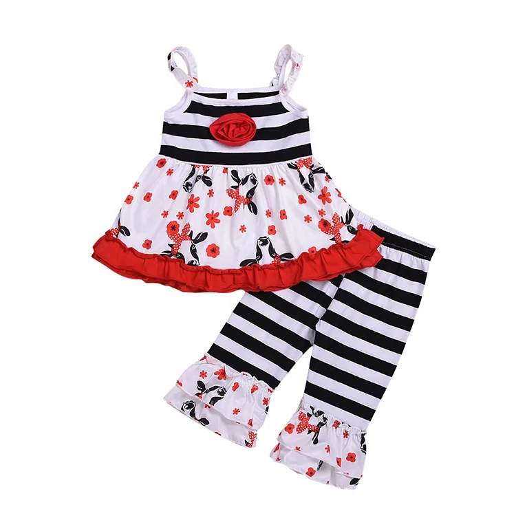 
New girls 2 piece set cow striped cotton dresses & kids black white strip ruffle pants summer baby clothes kids outfit set  (62106077494)
